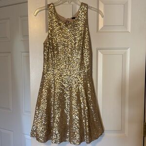 theia black and gold dress Medium Theia Black Party Dress Sheer Mesh Sleeveless Gold Sequin Mini main image 0